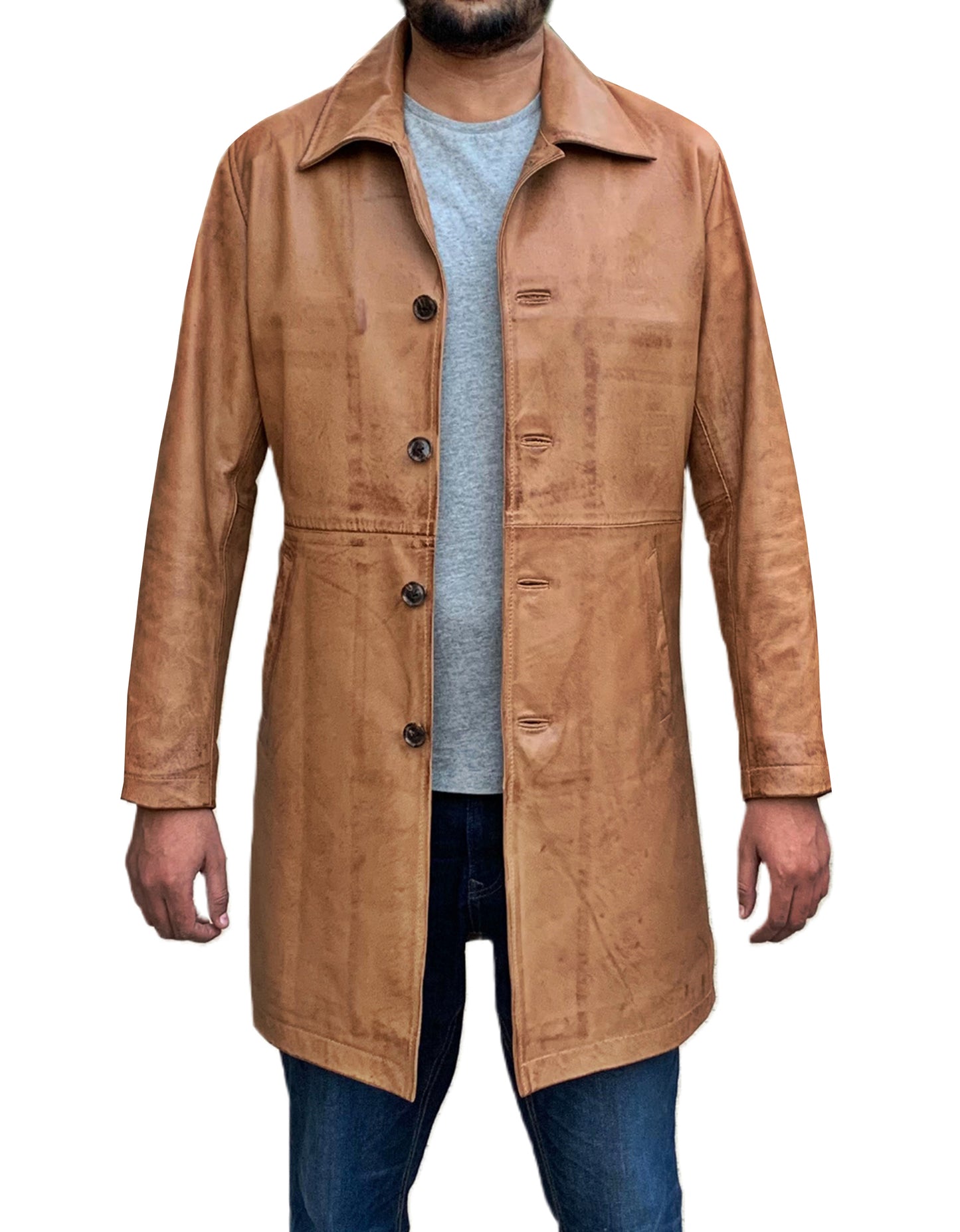 Two Quarter Wax Brown Leather Coat For Men