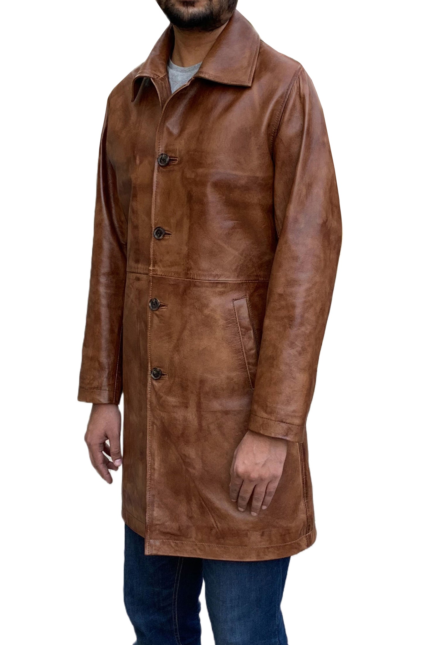 Two Quarter Wax Brown Leather Coat For Men