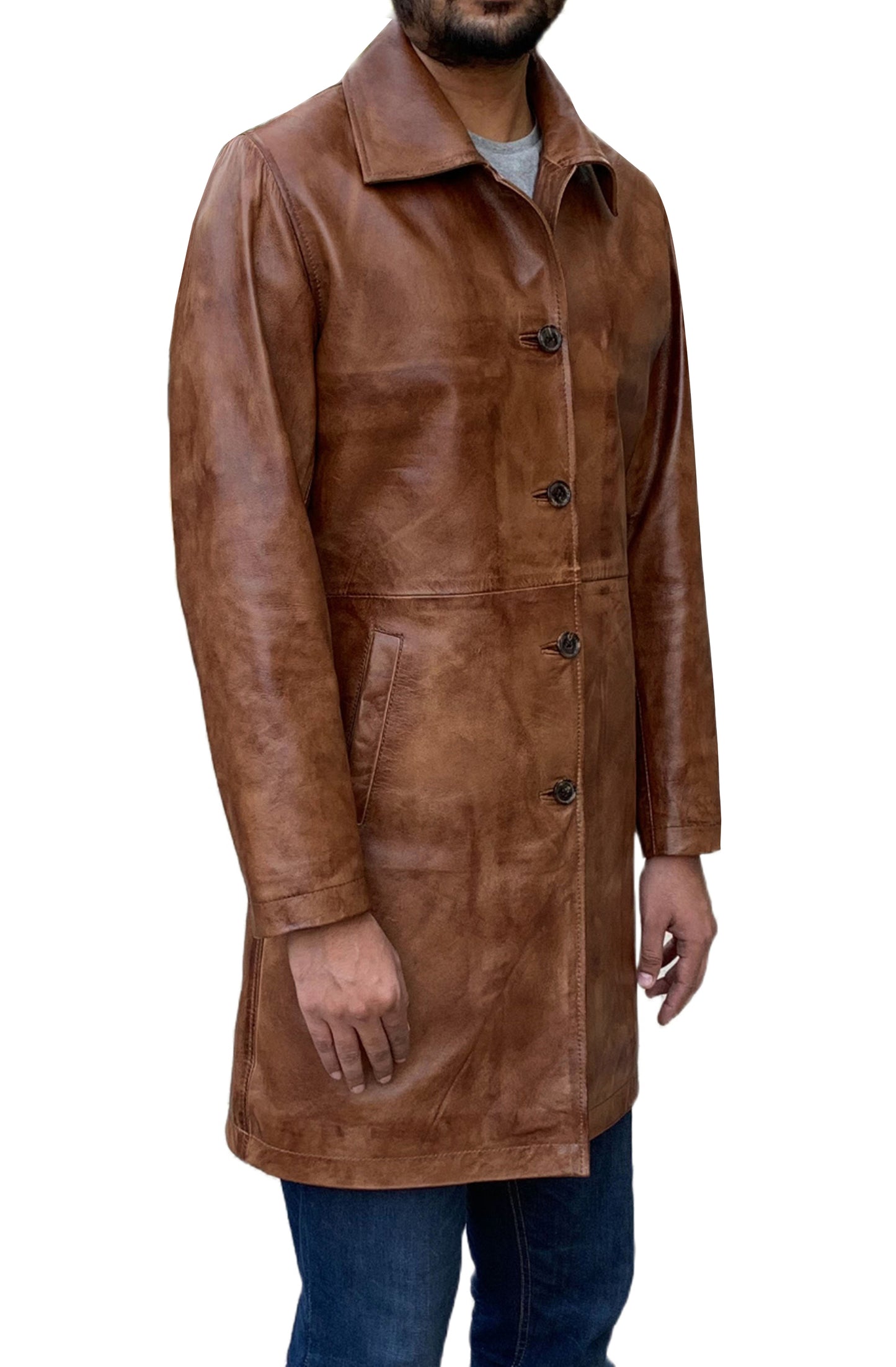 Two Quarter Wax Brown Leather Coat For Men