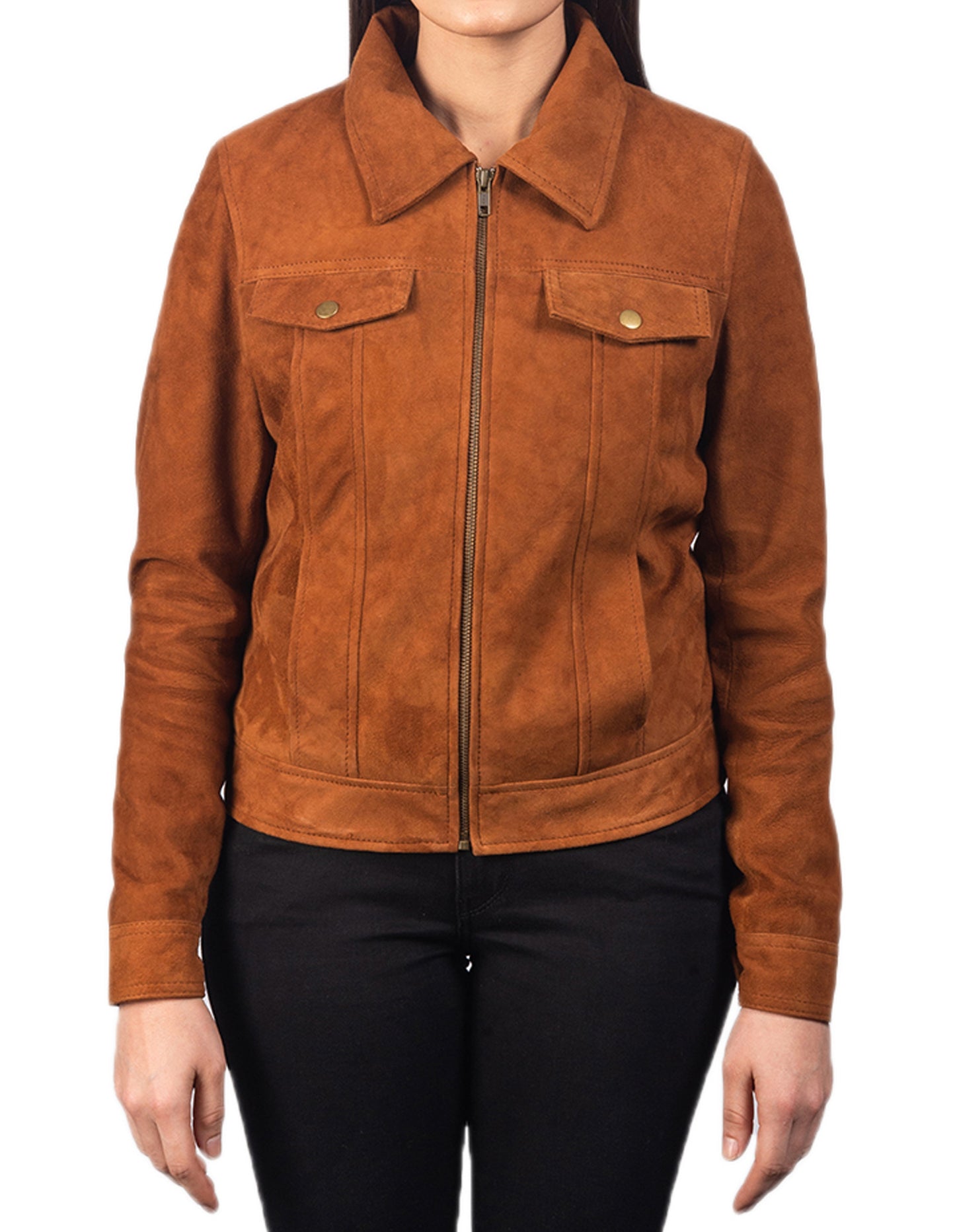 Tan Brown Suede Leather Jacket For Women