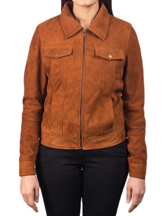 Tan Brown Suede Leather Jacket For Women