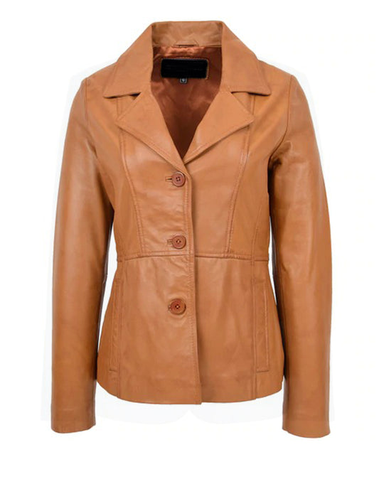 Women's New Tan Sheepskin Leather Blazer Coat