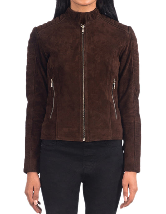 Dark Brown Suede Biker Leather Jacket For Women