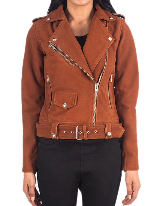 Tan Brown Suede Biker Leather Jacket For Women