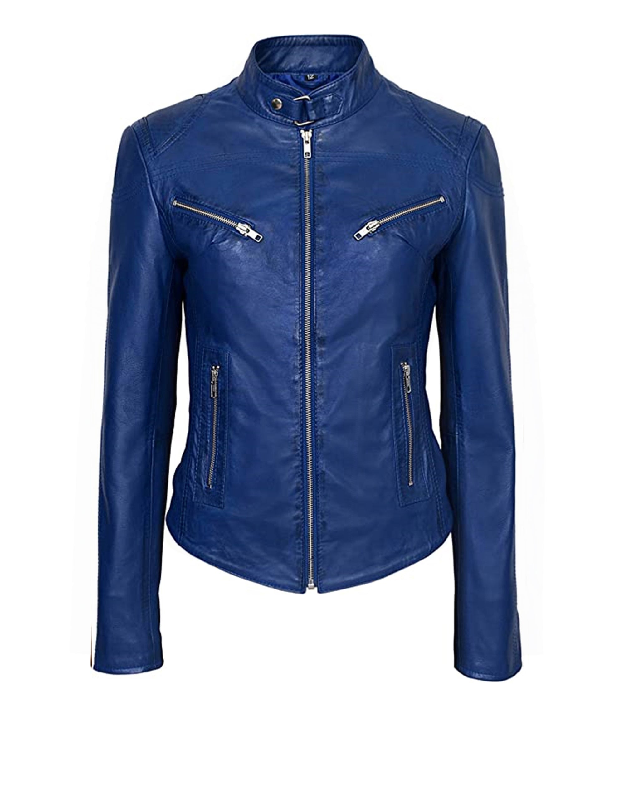 Women's Blue Basic Four Pocket Leather Jacket