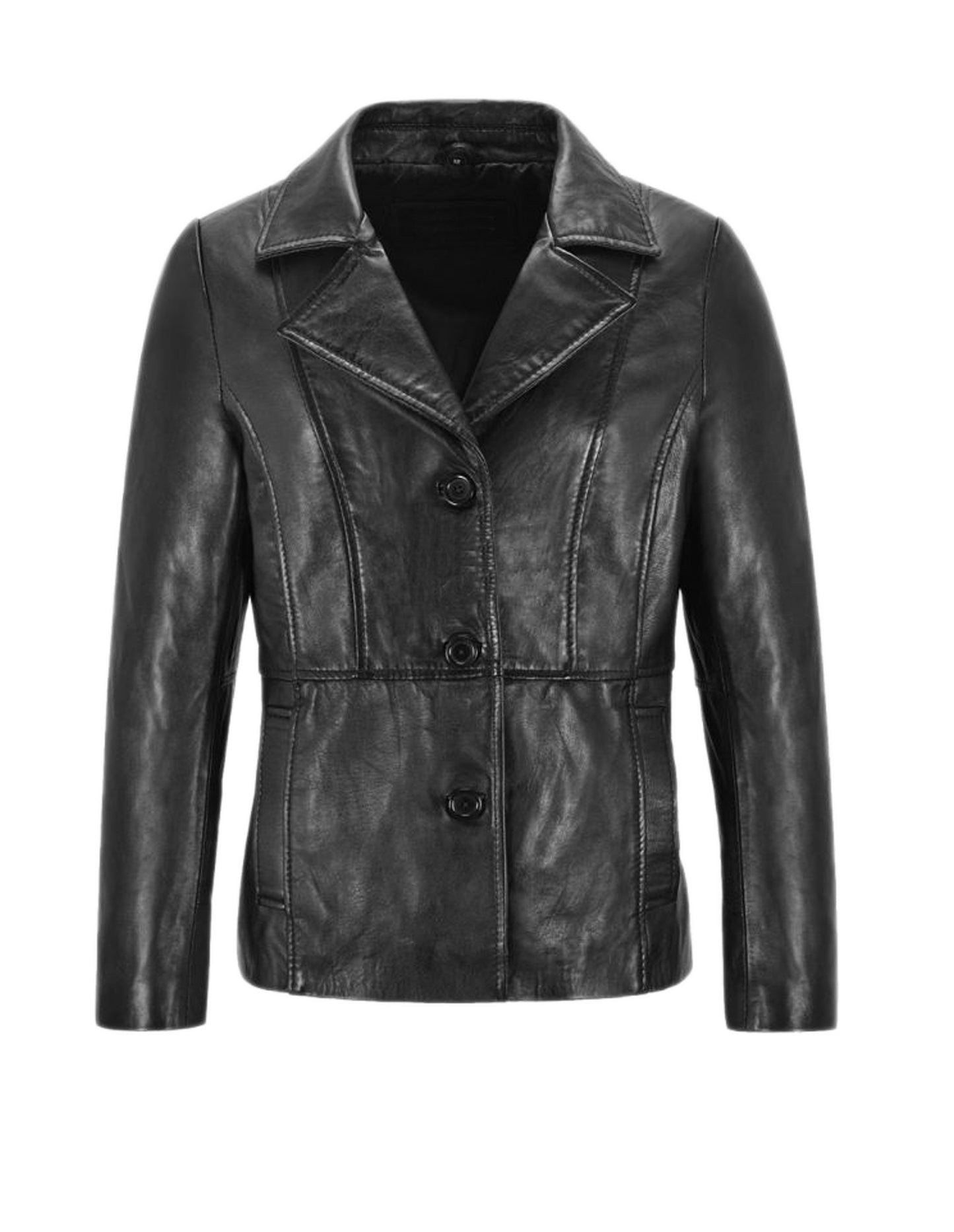 Women's Three Button Black Leather Blazer Coat