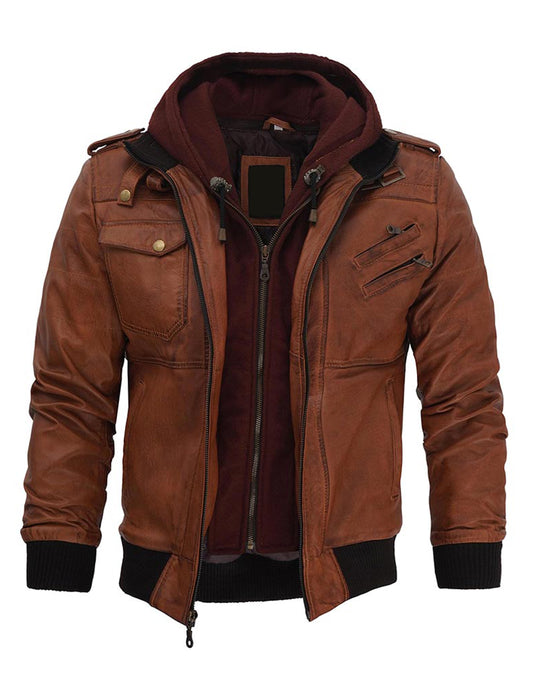 Men Brown Leather Motorcycle Jacket with Removable Hood