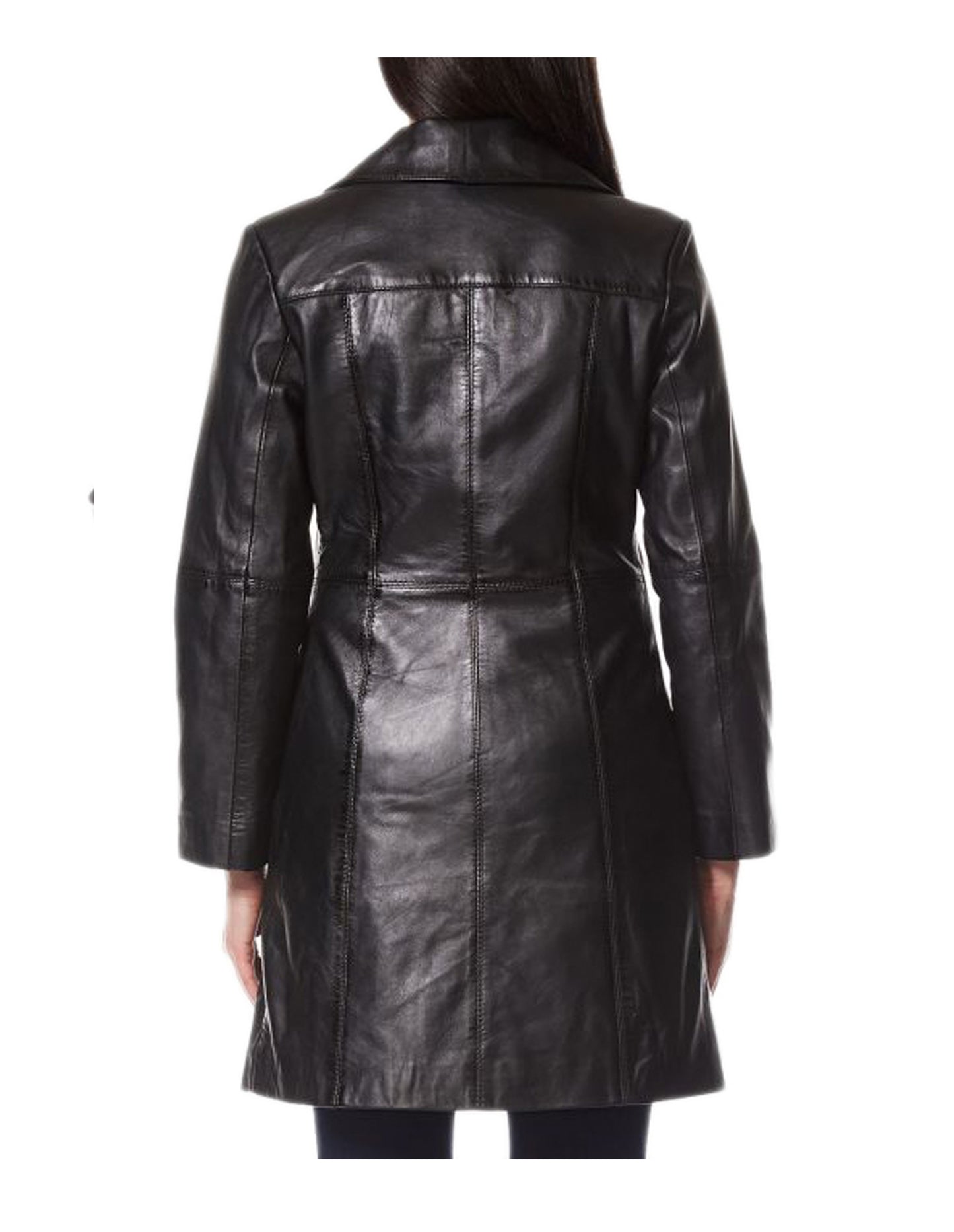 Three Quarter Black Leather Trench Coat For Women