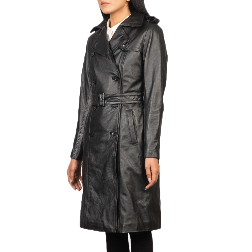 Black Casual German Style Leather Trench Coat For Women