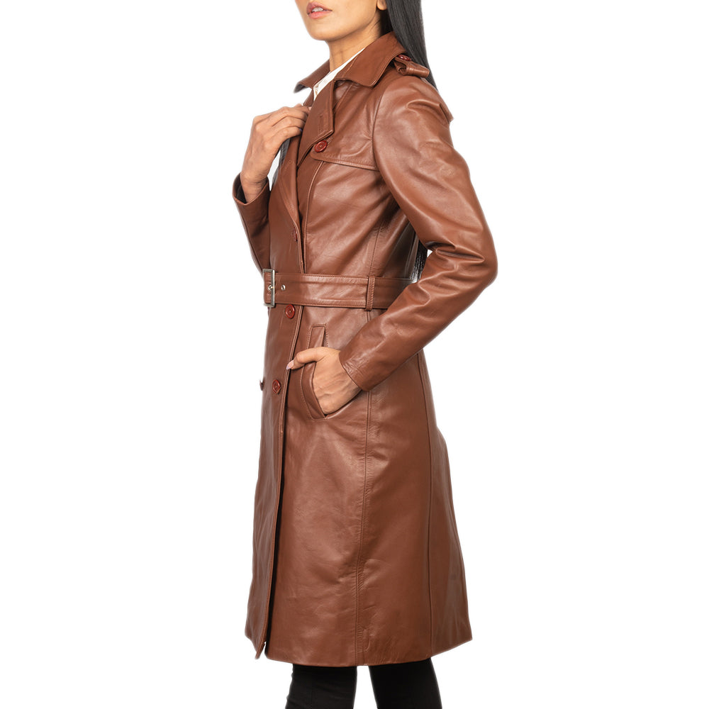 Tan Casual German Style Leather Trench Coat For Women