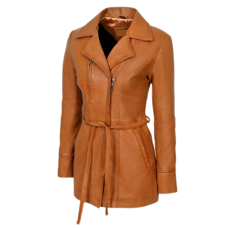 Three Quarter Tan Leather Trench Coat For Women