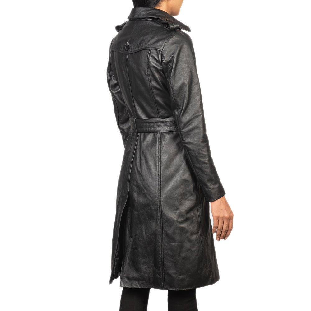 Black Casual German Style Leather Trench Coat For Women