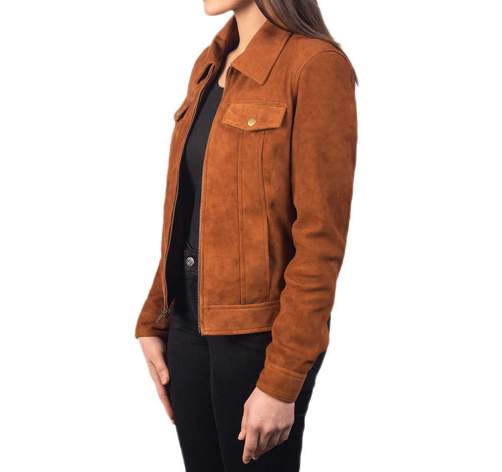 Tan Brown Suede Leather Jacket For Women