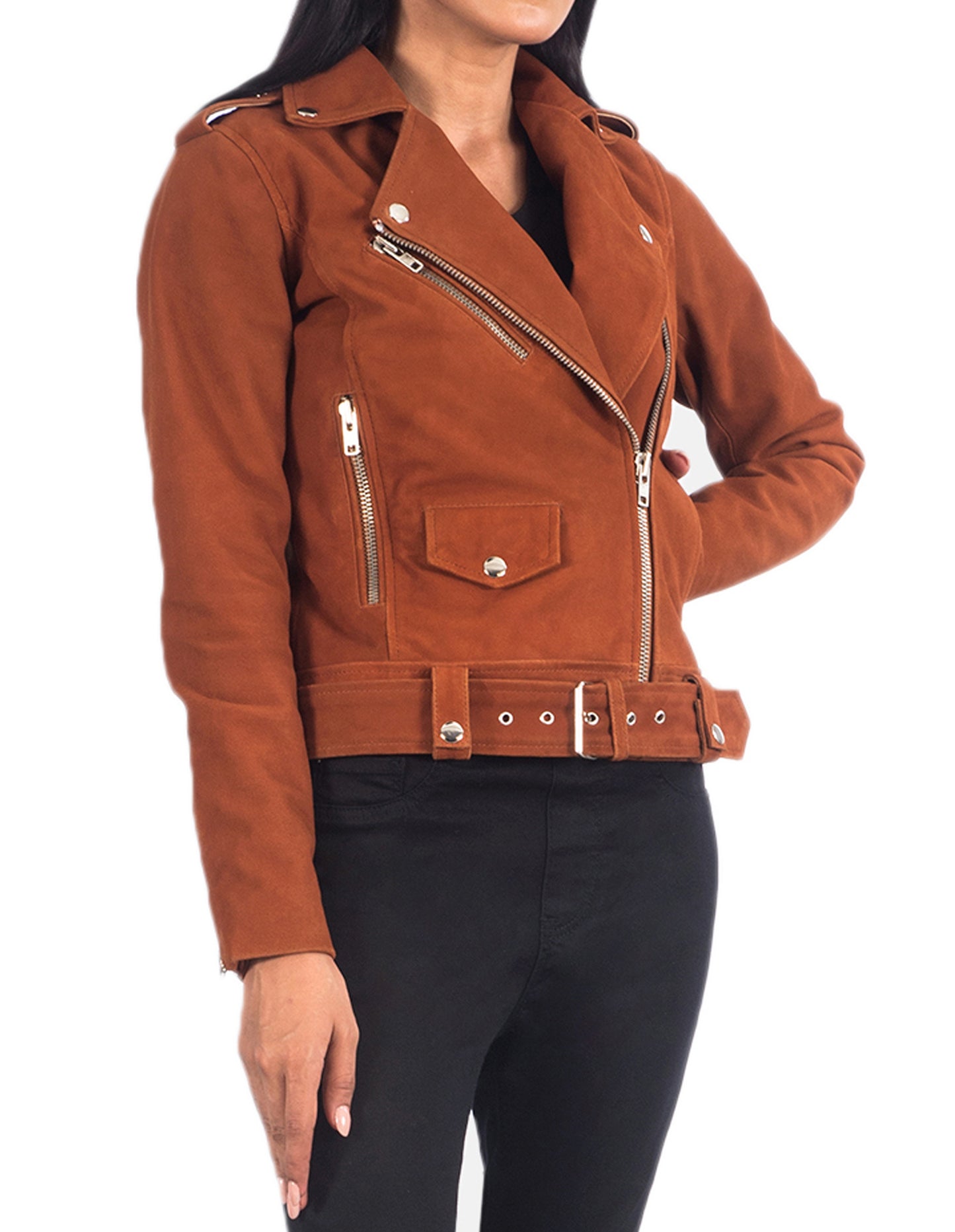 Tan Brown Suede Biker Leather Jacket For Women