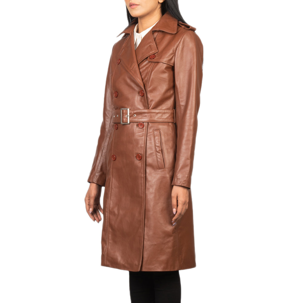 Tan Casual German Style Leather Trench Coat For Women