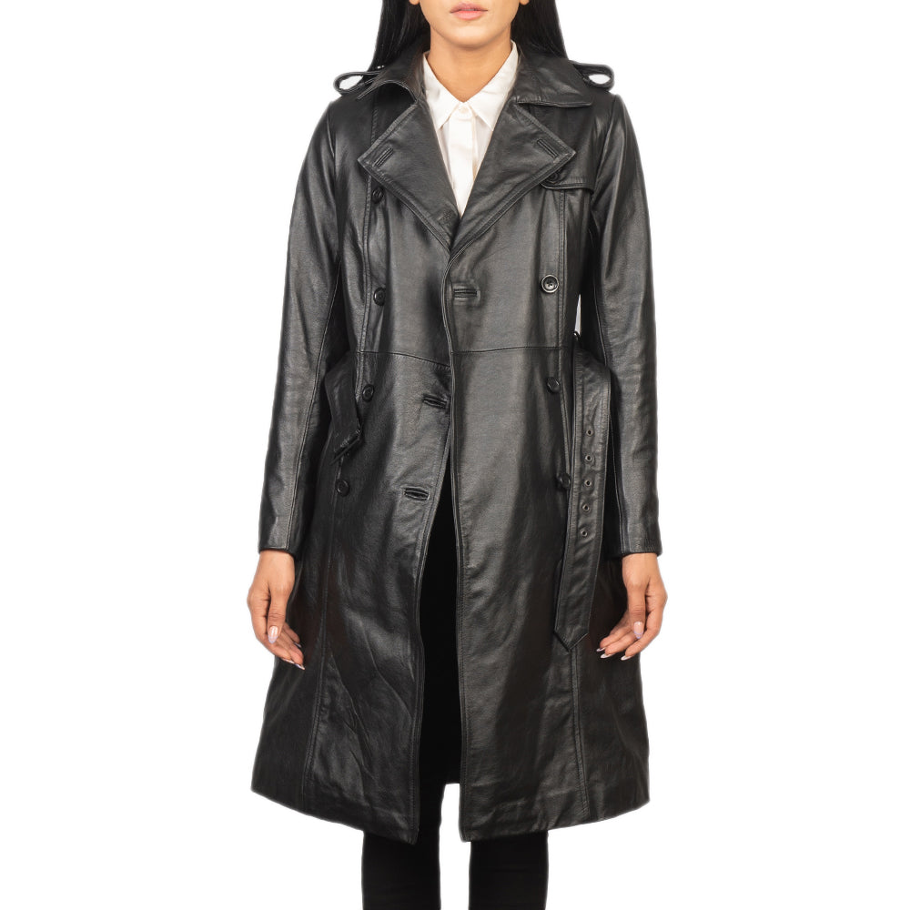 Black Casual German Style Leather Trench Coat For Women