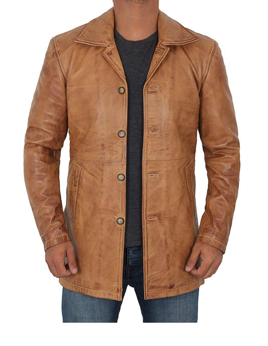 Three Quarter Distressed Tan Leather Coat For Men