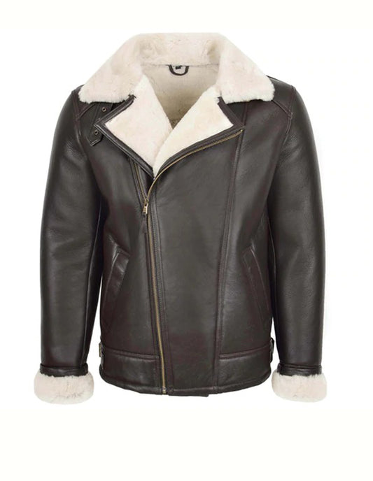 B3 Bomber Mens Black Real White Shearling Bomber Leather Jacket