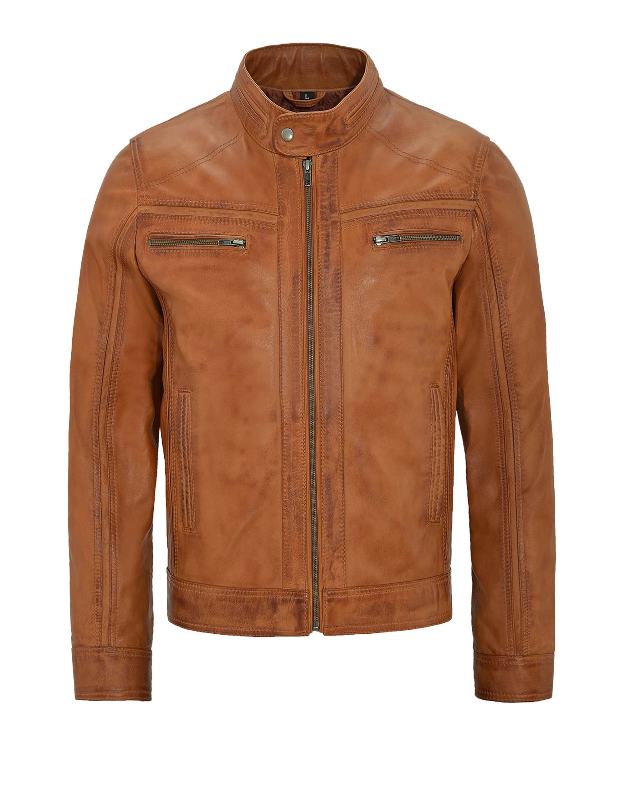 Distressed Tan Leather Motorcycle Jacket For Men