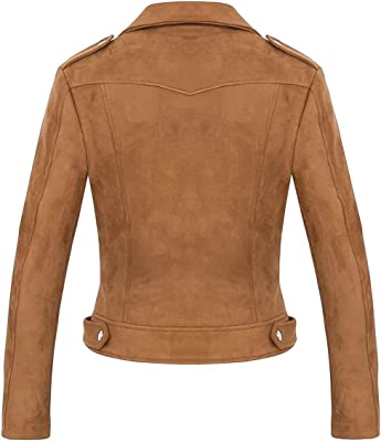 Women's Stylish Notched Collar Zip Suede Leather Biker Jacket