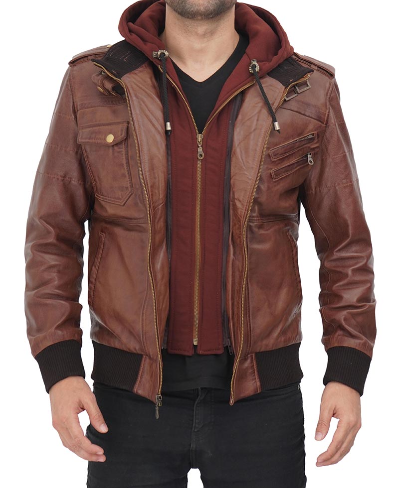 Men Brown Waxed Leather Casual Motorcycle Jacket with Removable Hood