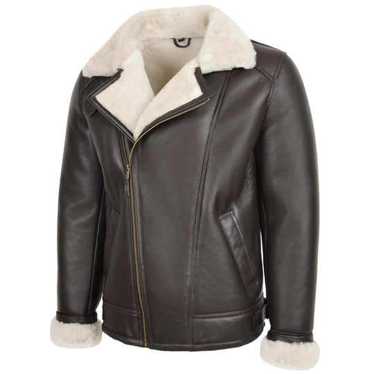 B3 Bomber Mens Black Real White Shearling Bomber Leather Jacket