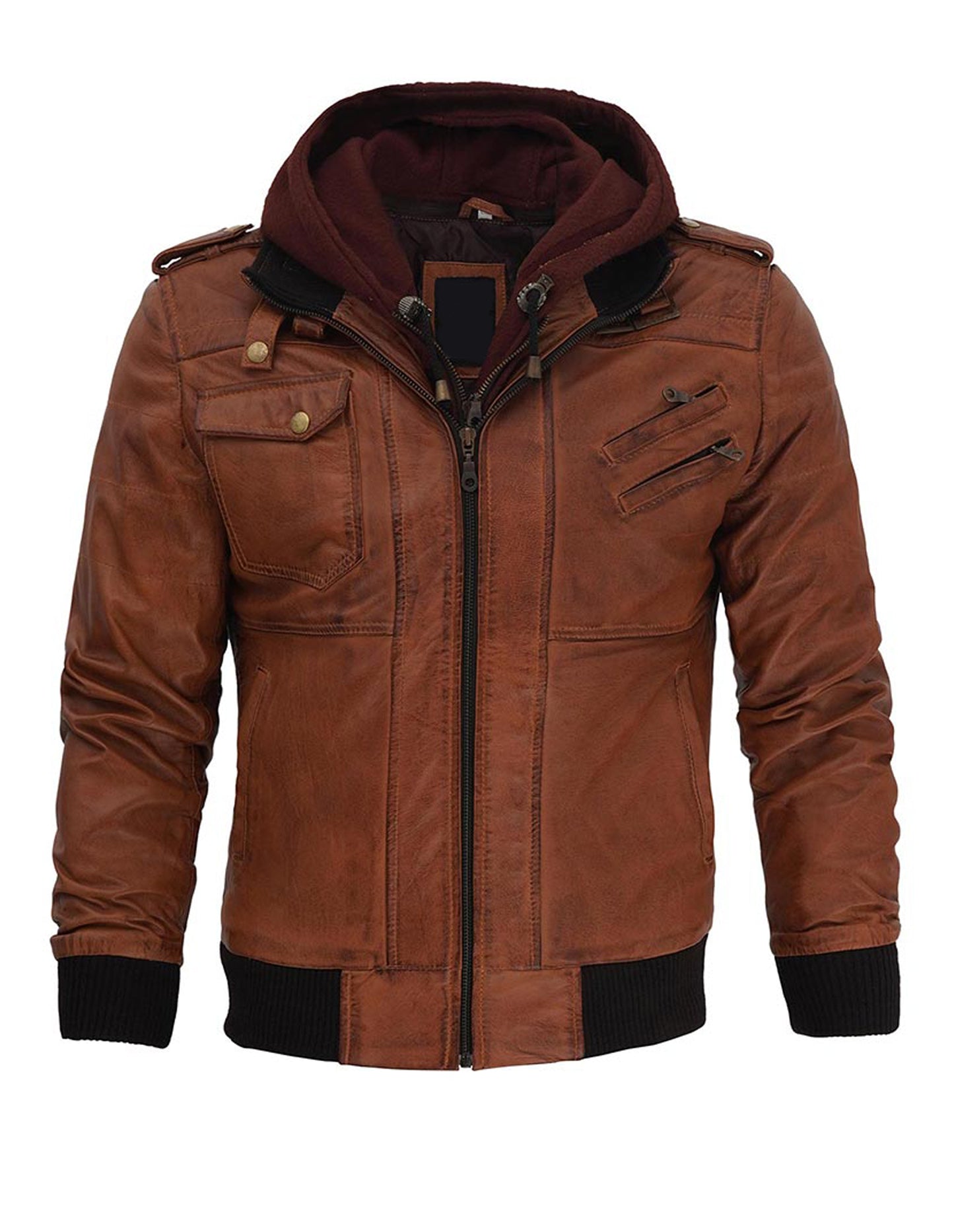 Men Brown Leather Motorcycle Jacket with Removable Hood