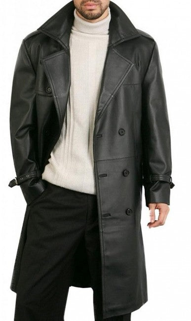 Double Breasted Black Sheepskin Leather Coat For Men