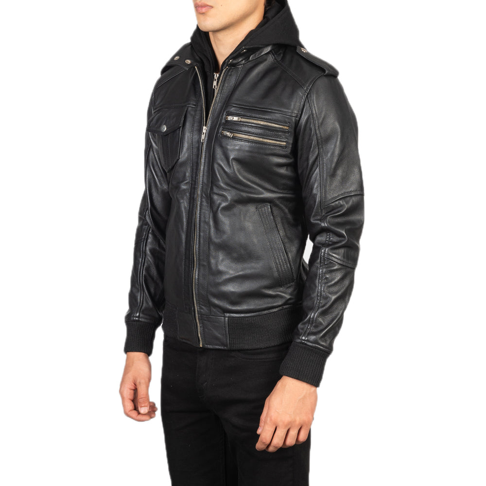 Men Black Leather Motorcycle Jacket with Removable Hood