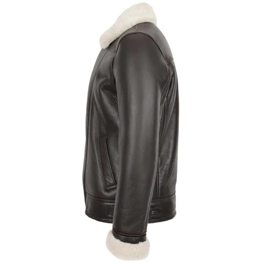 B3 Bomber Mens Black Real White Shearling Bomber Leather Jacket