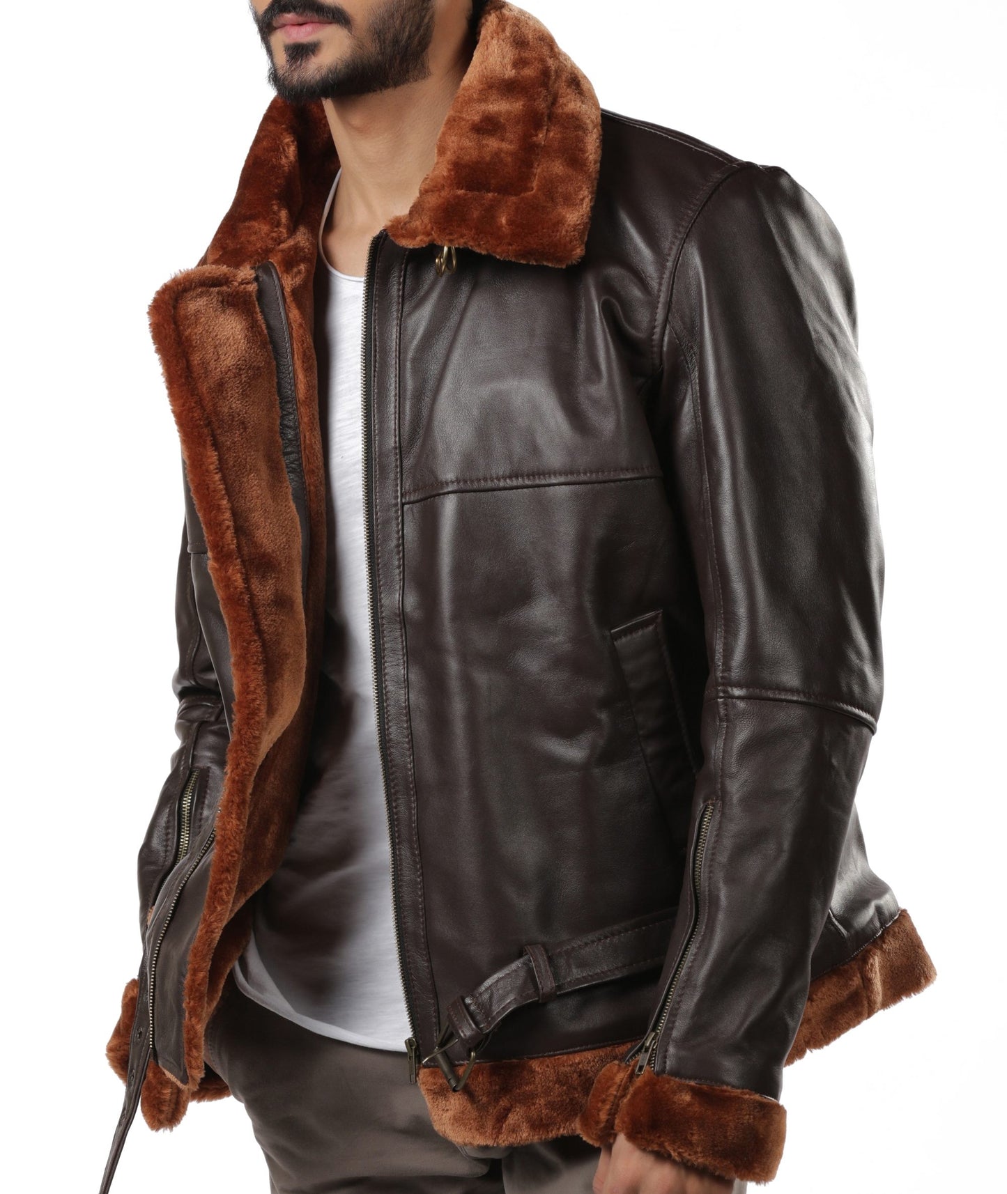 B3 Bomber New Mens Brown Bomber Faux Fur Leather Jacket