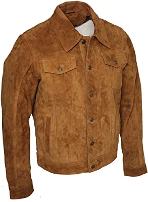 Men's Trucker Casual Tan Goat Suede Leather Shirt Jeans Jacket