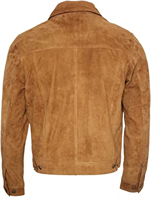 Men's Trucker Casual Tan Goat Suede Leather Shirt Jeans Jacket