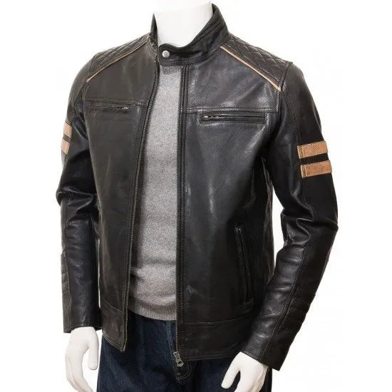 MEN'S CAFE RACER STRIPED LEATHER BIKER JACKET