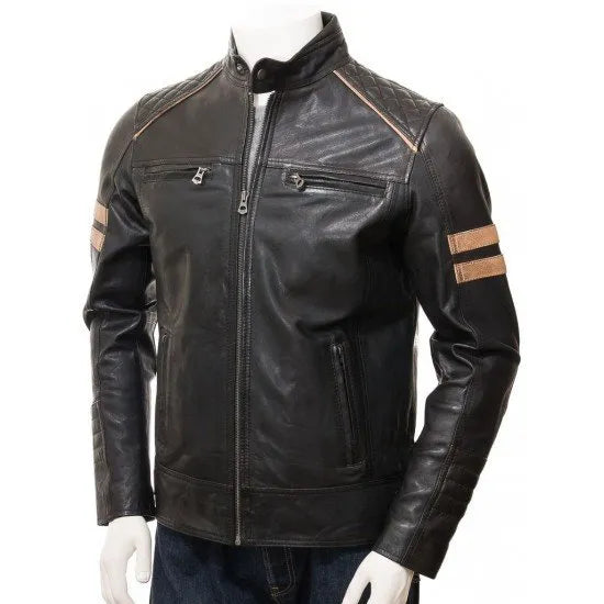 MEN'S CAFE RACER STRIPED LEATHER BIKER JACKET