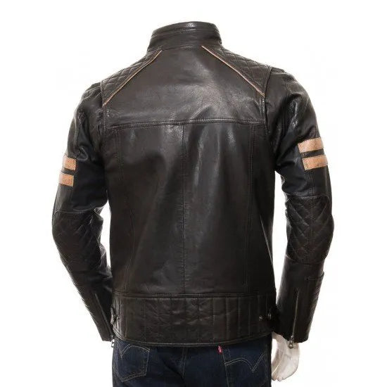 MEN'S CAFE RACER STRIPED LEATHER BIKER JACKET