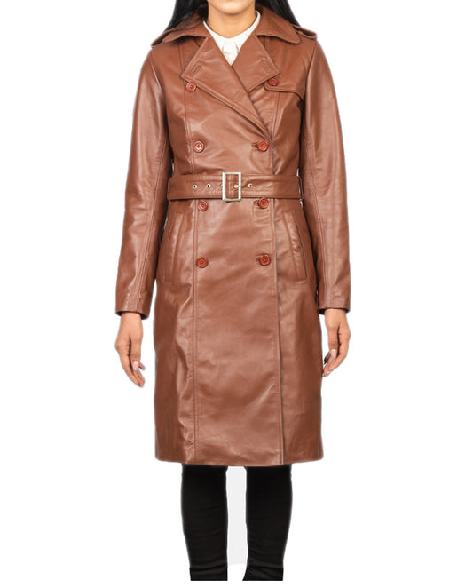 Tan Casual German Style Leather Trench Coat For Women