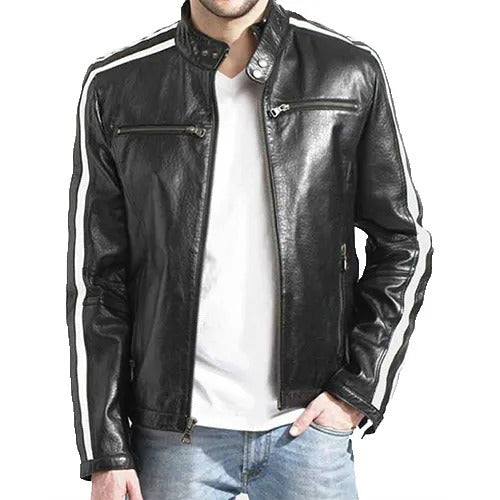 Men's White Striped Black Cafe Racer Leather Jacket