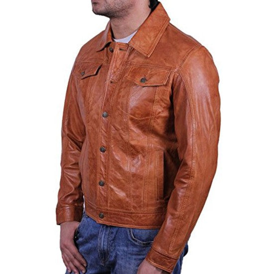 MEN'S CASUAL SHIRT COLLAR TAN BROWN LAMBSKIN LEATHER JACKET