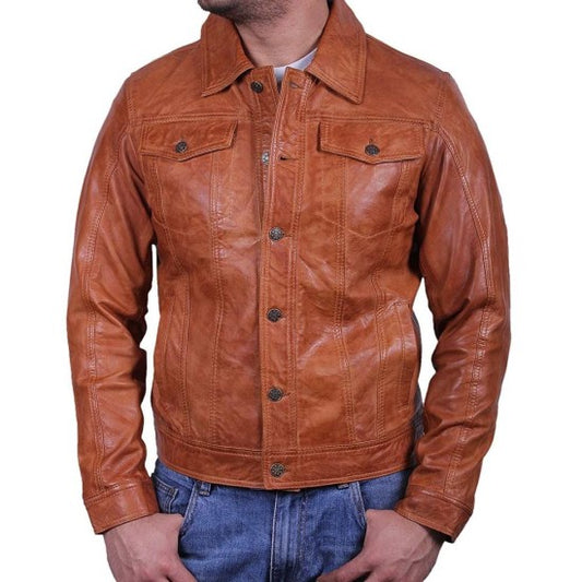 MEN'S CASUAL SHIRT COLLAR TAN BROWN LAMBSKIN LEATHER JACKET